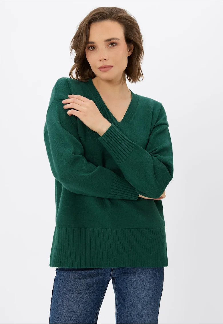 Pulover dama cu decolteu in V,  S-Nova, Verde, Verde