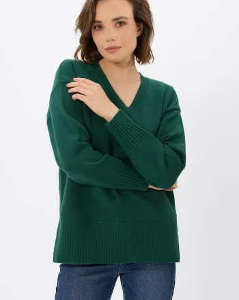 Pulover dama cu decolteu in V,  S-Nova, Verde, Verde