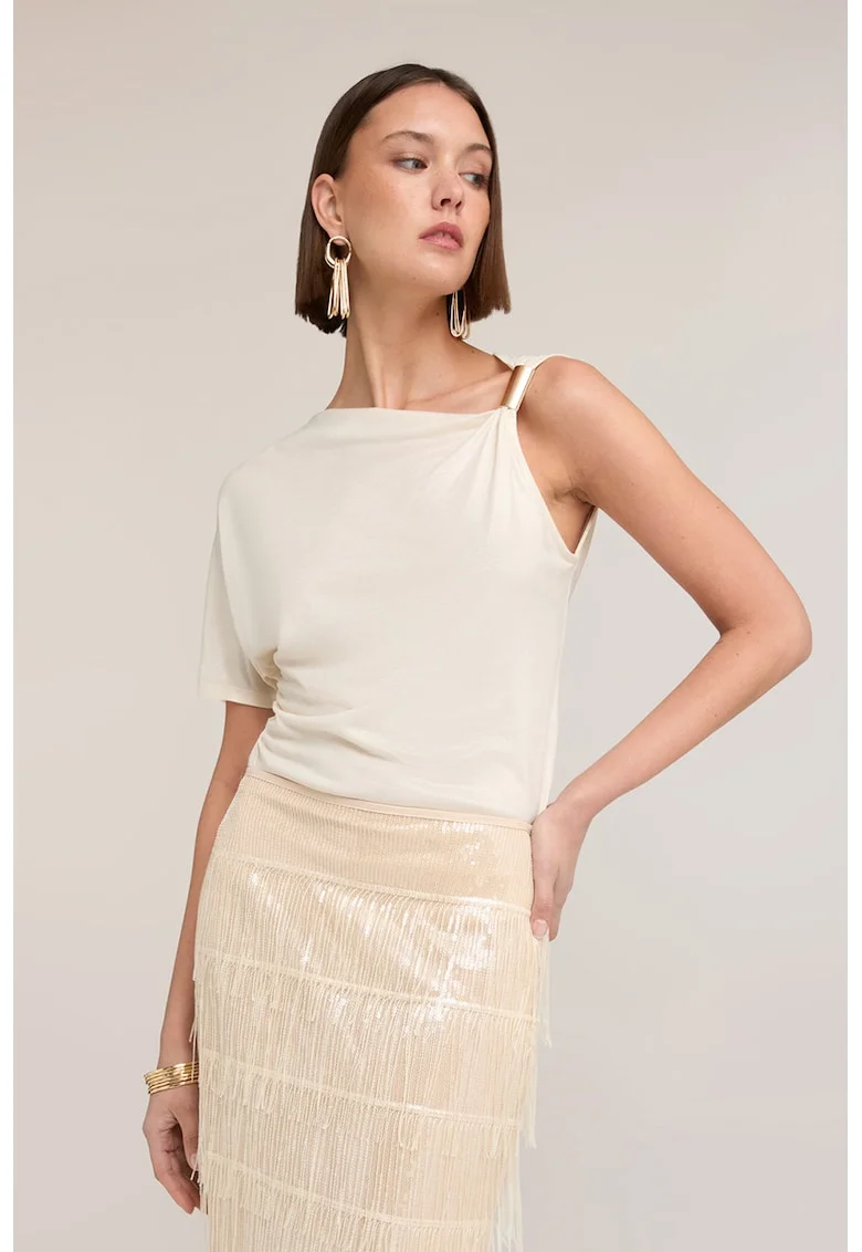 Bluza cu aspect stralucitor si detaliu metalic, Bej deschis