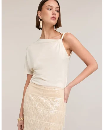 Bluza cu aspect stralucitor si detaliu metalic, Bej deschis