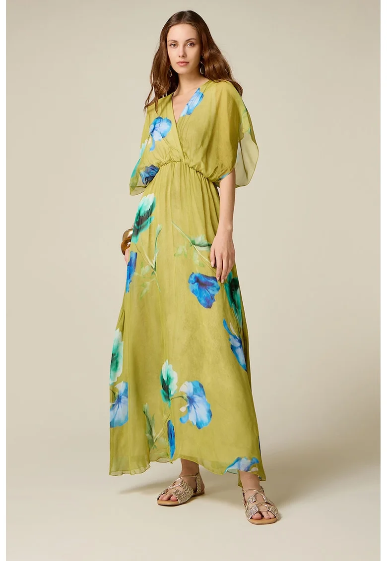 Rochie maxi din amestec de matase, Masliniu deschis/Albastru