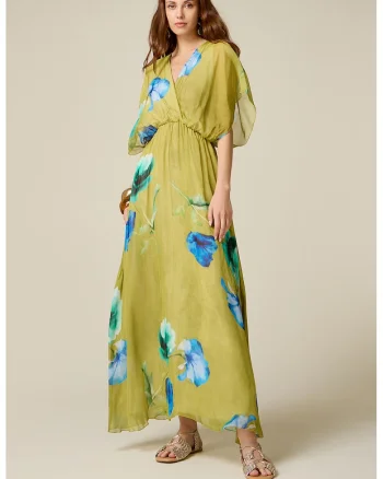 Rochie maxi din amestec de matase, Masliniu deschis/Albastru