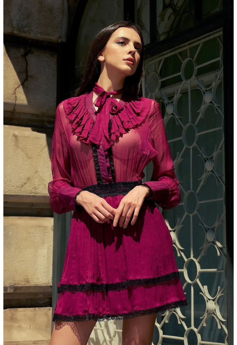 Rochie mini din matase cu volane, Fucsia