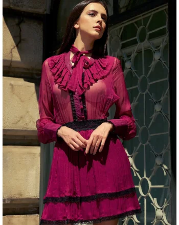 Rochie mini din matase cu volane, Fucsia
