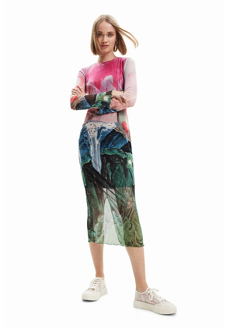 Rochie semi-trasparenta cu decupaj pe spate, Verde/Roz/Albastru
