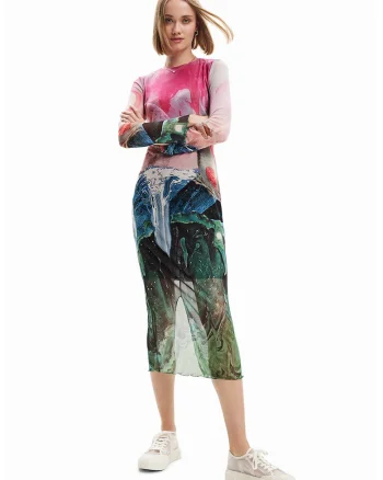 Rochie semi-trasparenta cu decupaj pe spate, Verde/Roz/Albastru