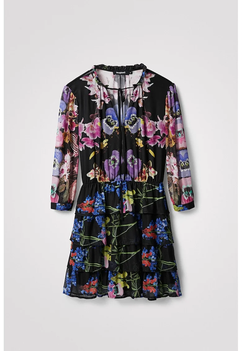 Rochie cu model floral si volane stratificate, Multicolor