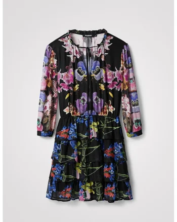 Rochie cu model floral si volane stratificate, Multicolor