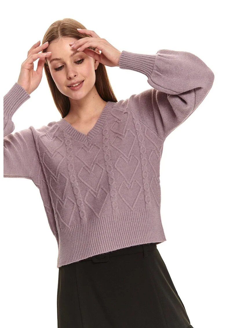 Pulover cu decolteu in V si model torsade, Violet prafuit