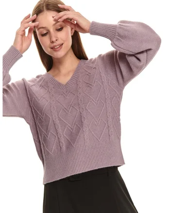 Pulover cu decolteu in V si model torsade, Violet prafuit