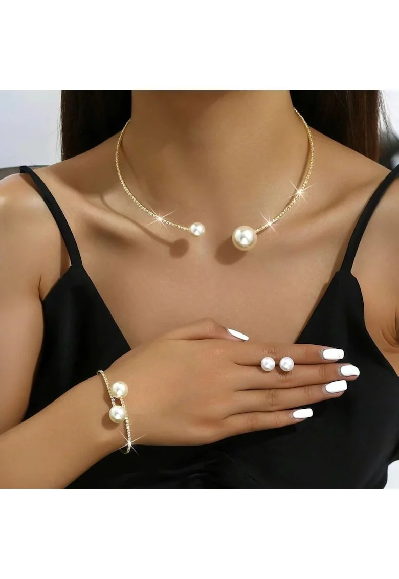Set colier choker, bratara si cercei, auriu, cu perle si pietre, David C15