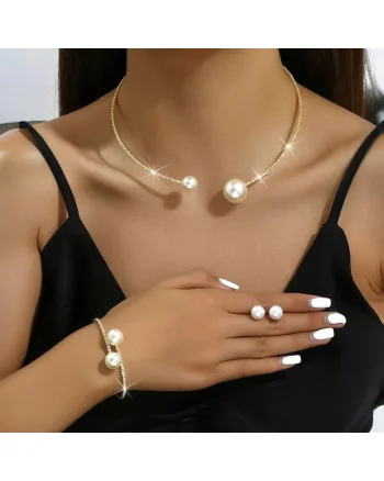 Set colier choker, bratara si cercei, auriu, cu perle si pietre, David C15