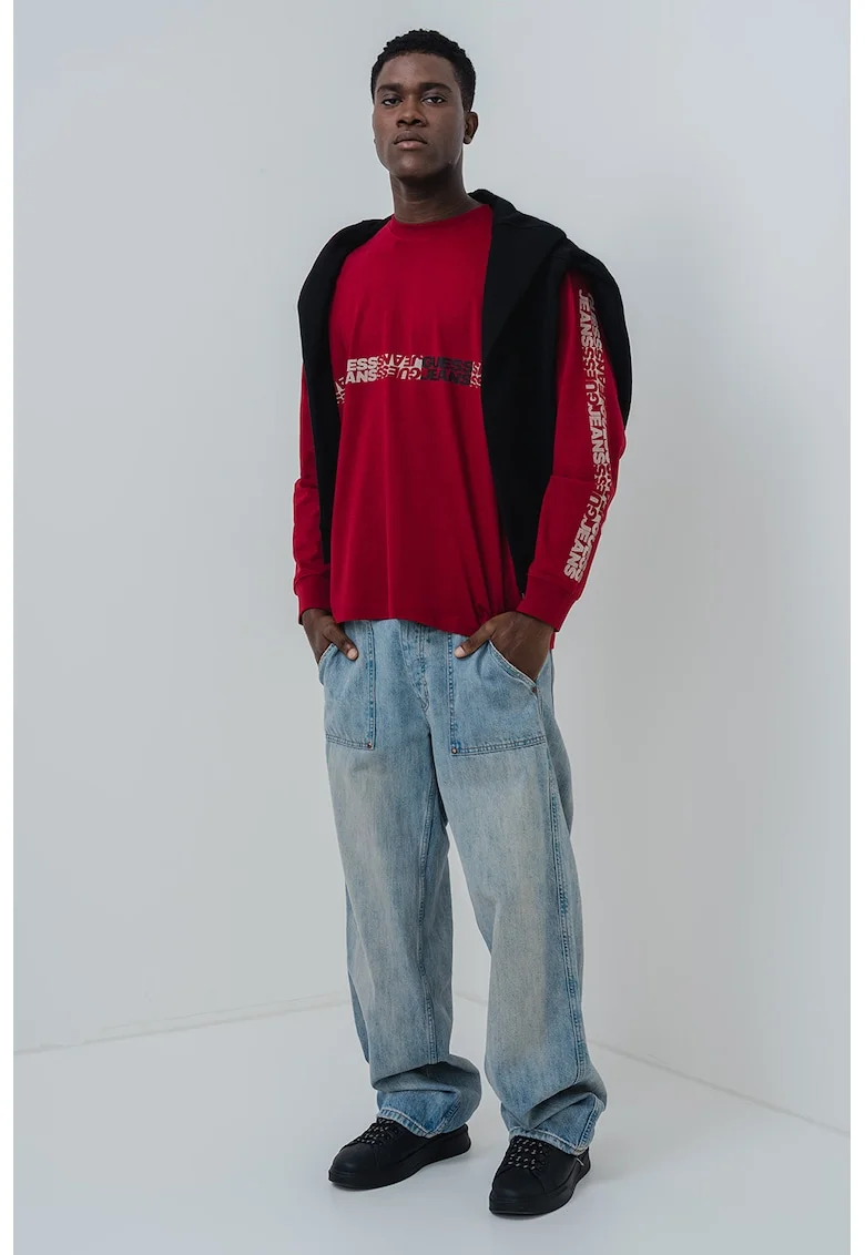 Bluza de bumbac cu imprimeu logo, Rosu inchis