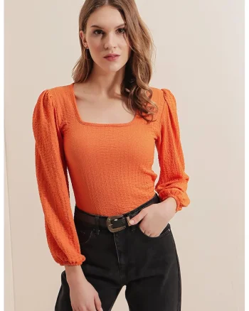 Bluza dama, HiCCUP, decolteu patrat, poliester/lycra, portocaliu