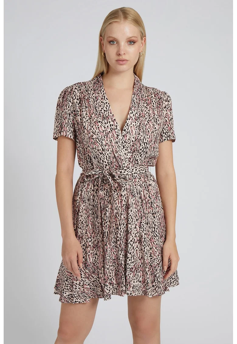 Rochie mini evazata cu animal print, Negru/Roz pastel/Alb murdar