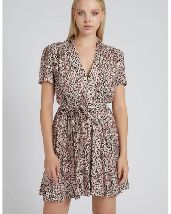 Rochie mini evazata cu animal print, Negru/Roz pastel/Alb murdar