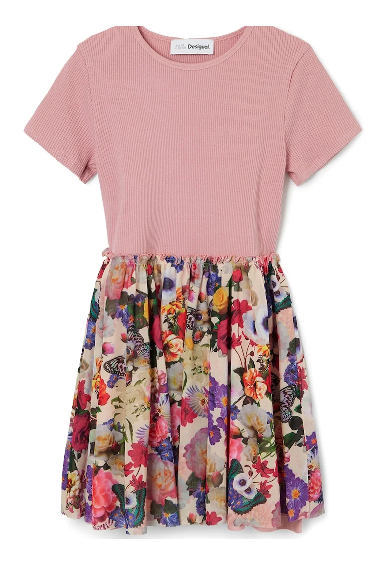 Rochie evazata cu imprimeu floral, Roz prafuit