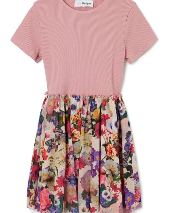 Rochie evazata cu imprimeu floral, Roz prafuit