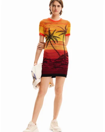 Rochie cambrata cu model, Galben/Rosu inchis/Portocaliu mandarina