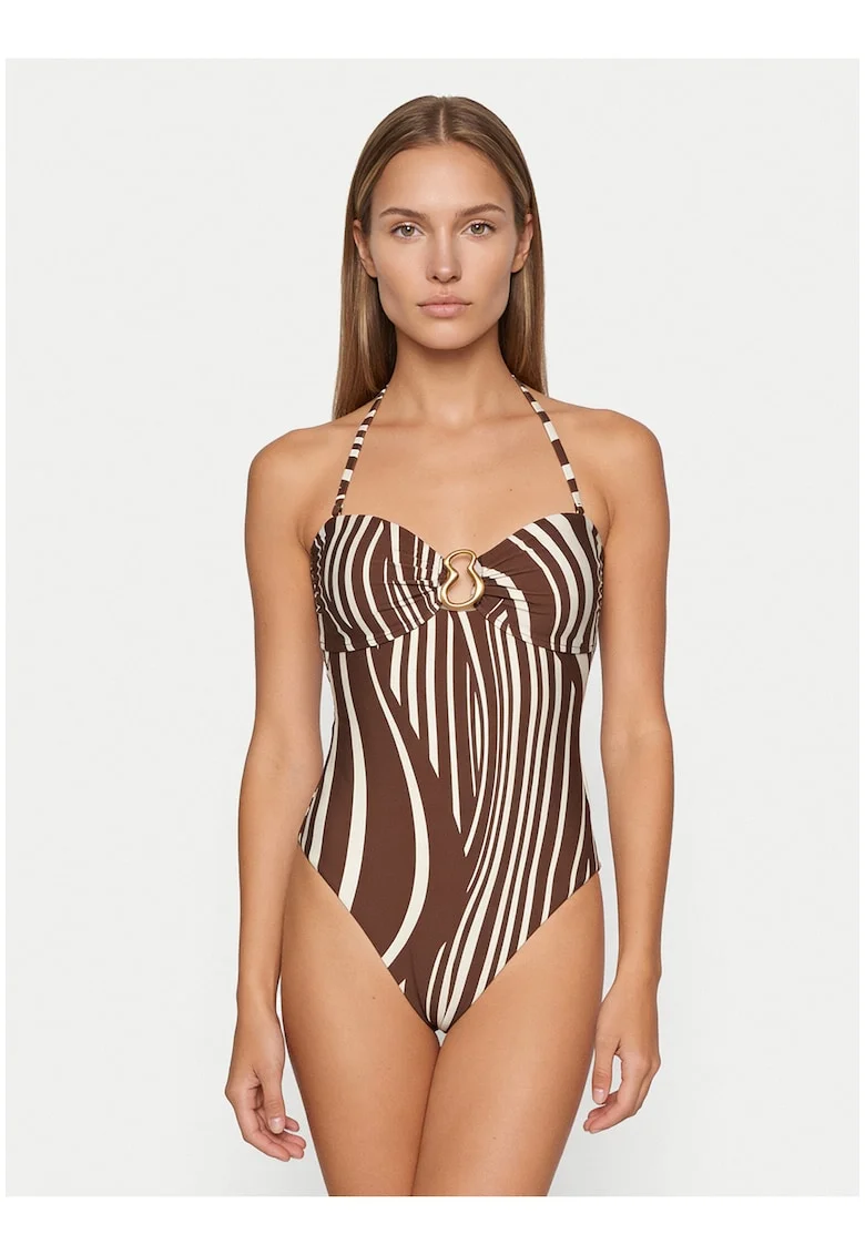 Costum de baie dama,  maro, imprimeu grafic, material sintetic