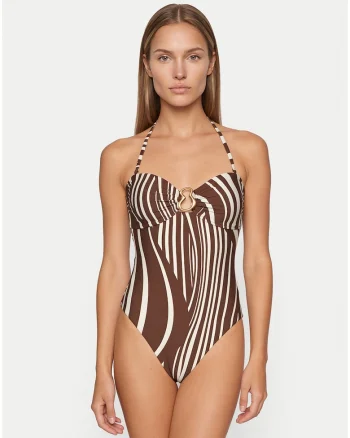 Costum de baie dama,  maro, imprimeu grafic, material sintetic