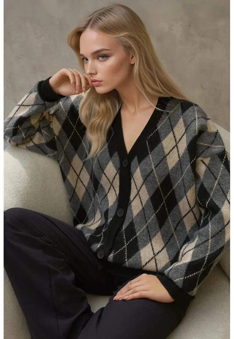 Cardigan lung tricotat,  imprimeu geometric, decolteu in V, tricot, Negru,
