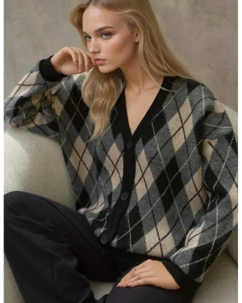 Cardigan lung tricotat,  imprimeu geometric, decolteu in V, tricot, Negru,