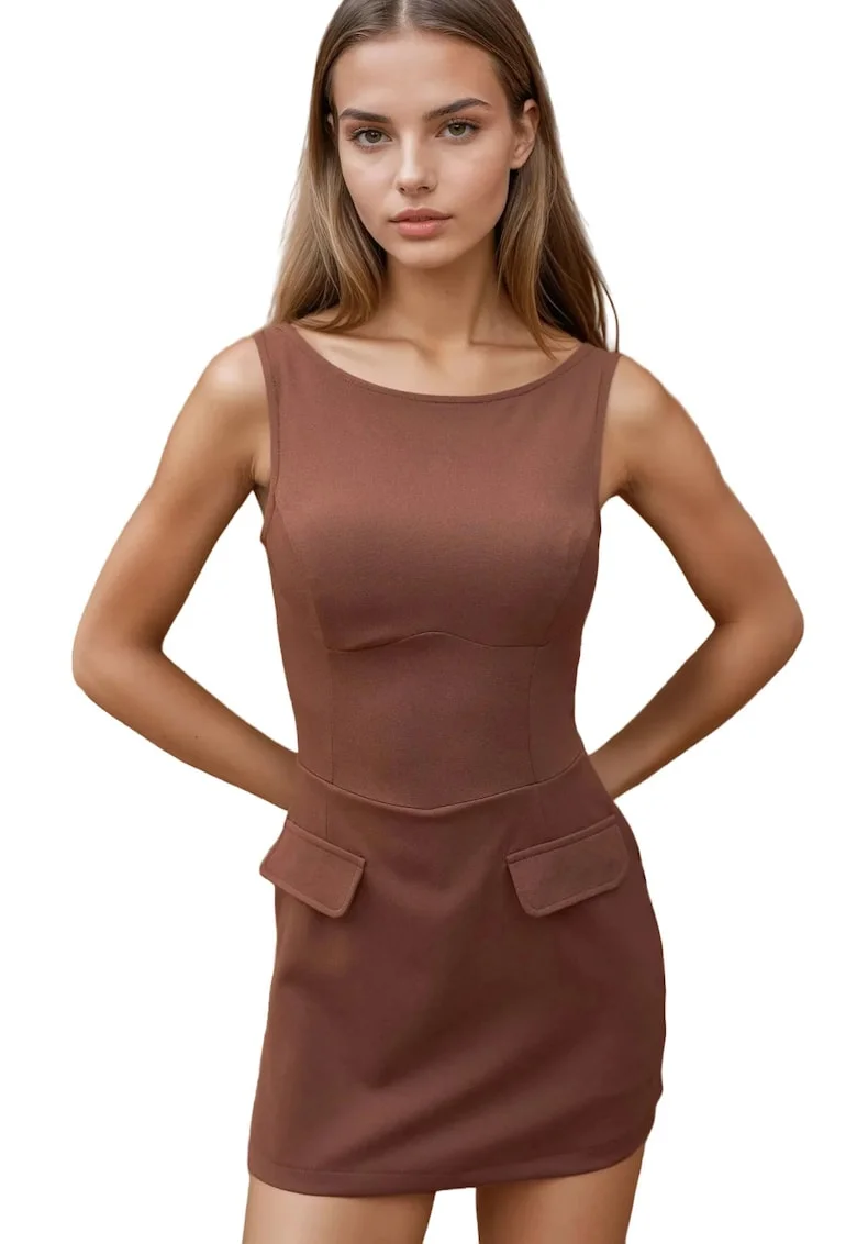 Rochie mini mulata cu pantaloni scurti,  maro, material textil