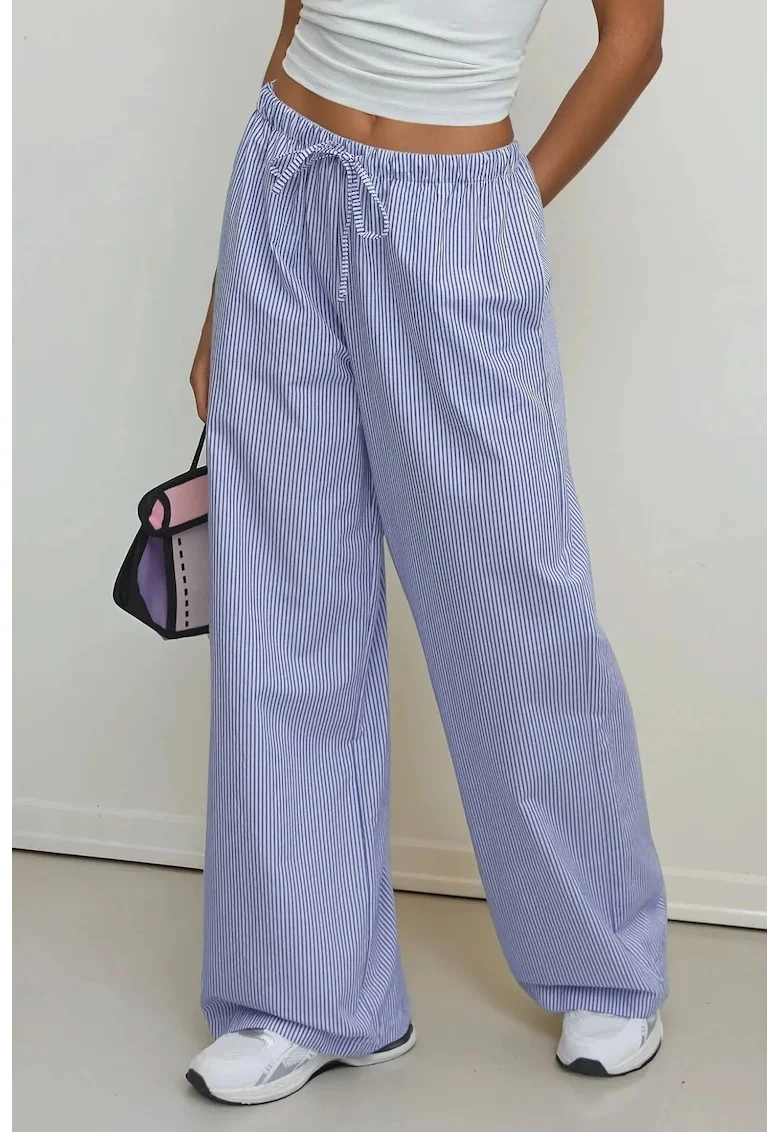 Pantaloni dama,  din bumbac cu talie elastica, dungi, albastru