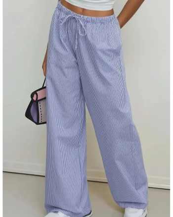 Pantaloni dama,  din bumbac cu talie elastica, dungi, albastru