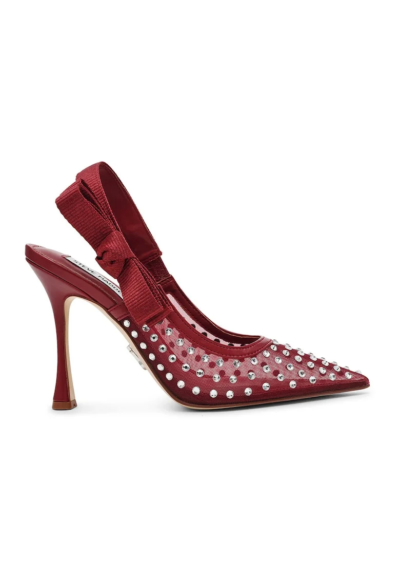 Pantofi slingback cu toc si aplicatii de strasuri, Rosu inchis/Argintiu