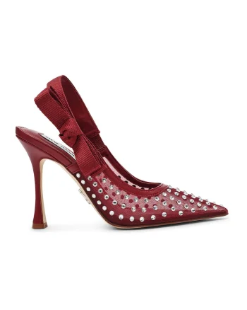 Pantofi slingback cu toc si aplicatii de strasuri, Rosu inchis/Argintiu