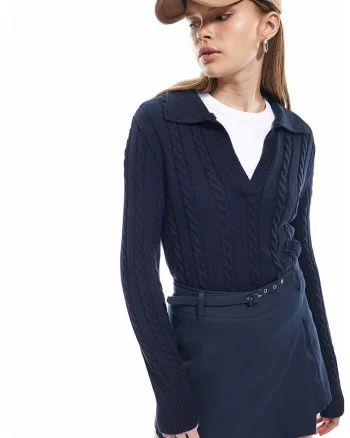 Pulover slim-fit cu decolteu in V, Bleumarin