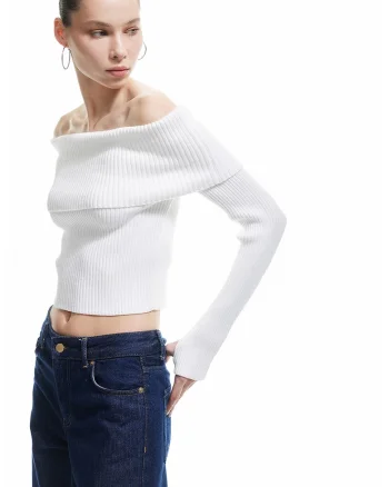 Bluza crop cu decolteu pe umeri, Alb