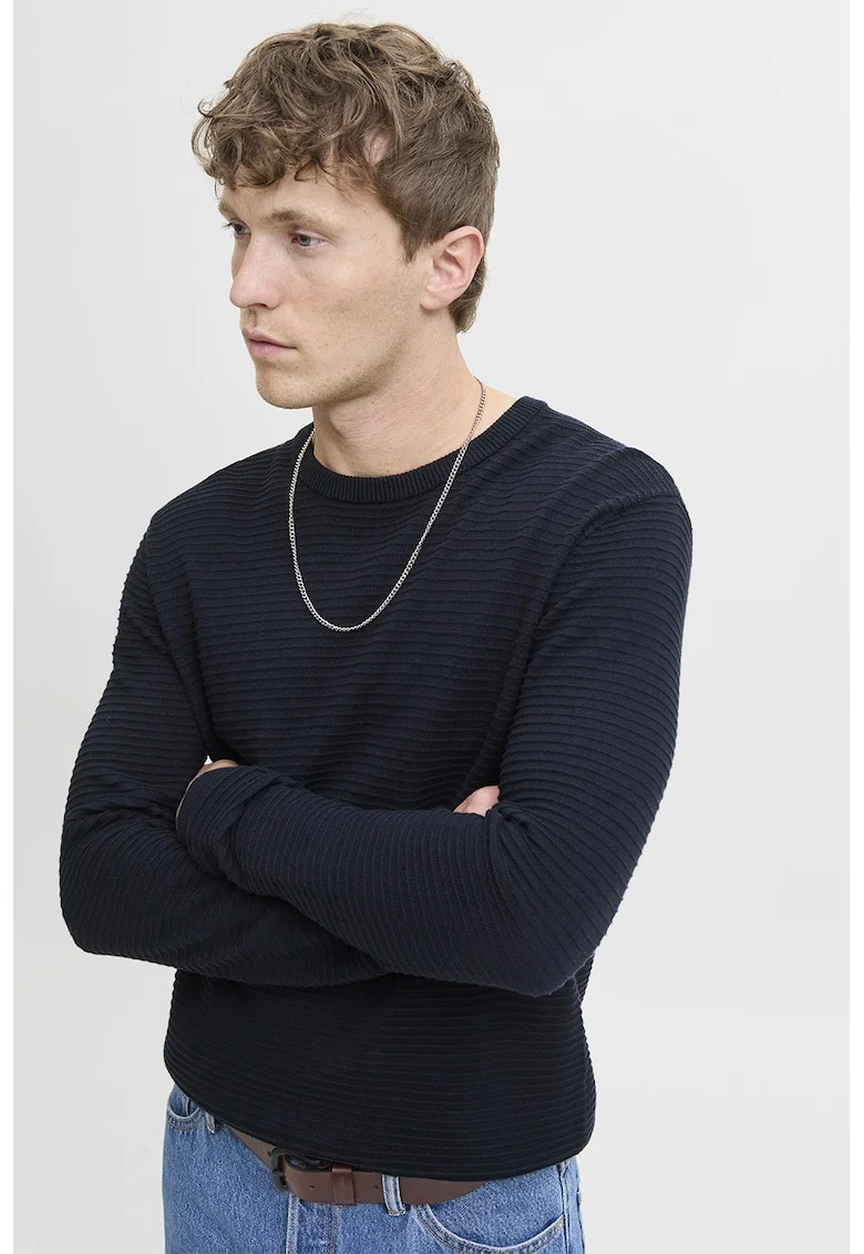 Pulover regular fit cu decolteu la baza gatului, Bleumarin
