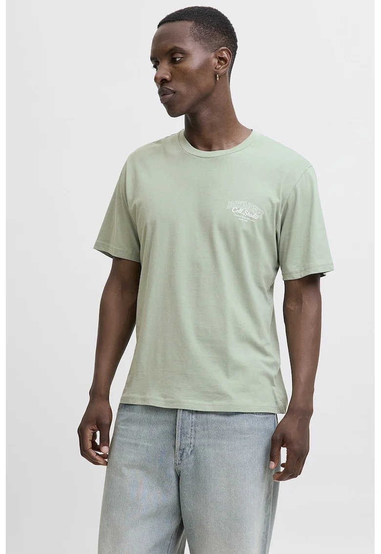 Tricou de bumbac cu imprimeu si decolteu la baza gatului, Gri cenusiu