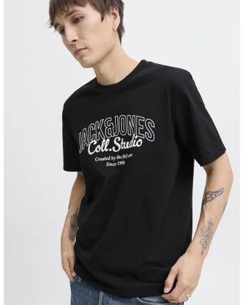 Tricou de bumbac cu imprimeu si decolteu la baza gatului, Negru