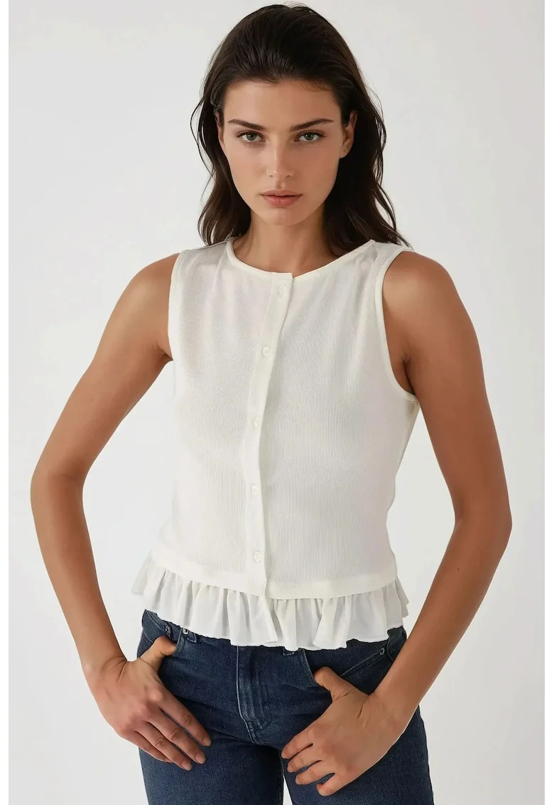 Bluza dama,  texturata, cu guler rotund si volane, Alb, Jerseu