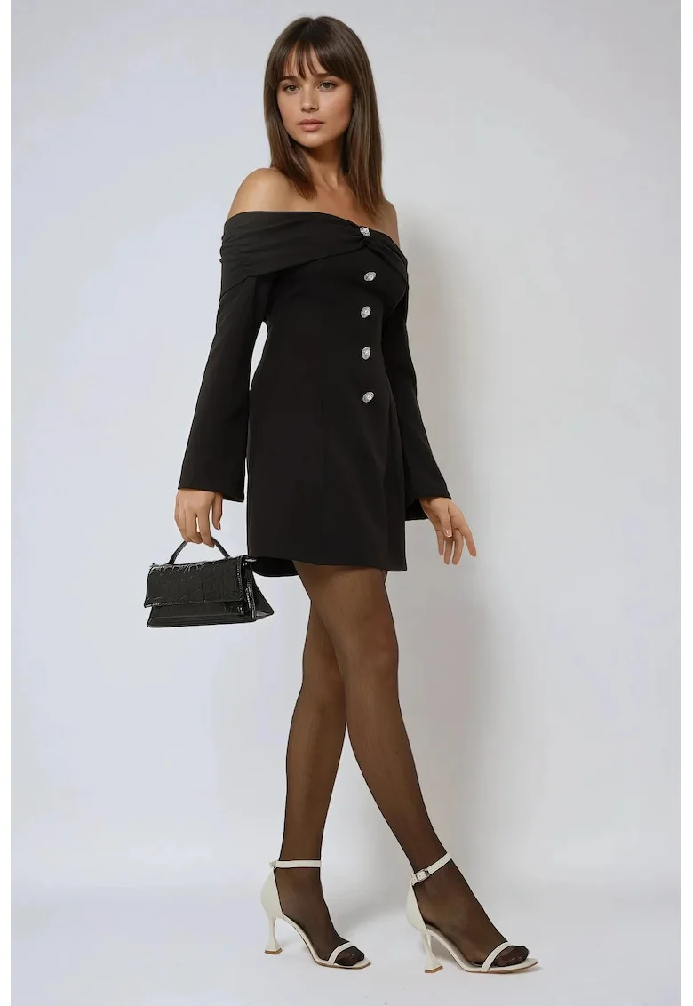 Rochie mini  umeri goi, nasturi, negru, elastan-poliester