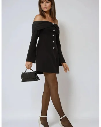 Rochie mini  umeri goi, nasturi, negru, elastan-poliester