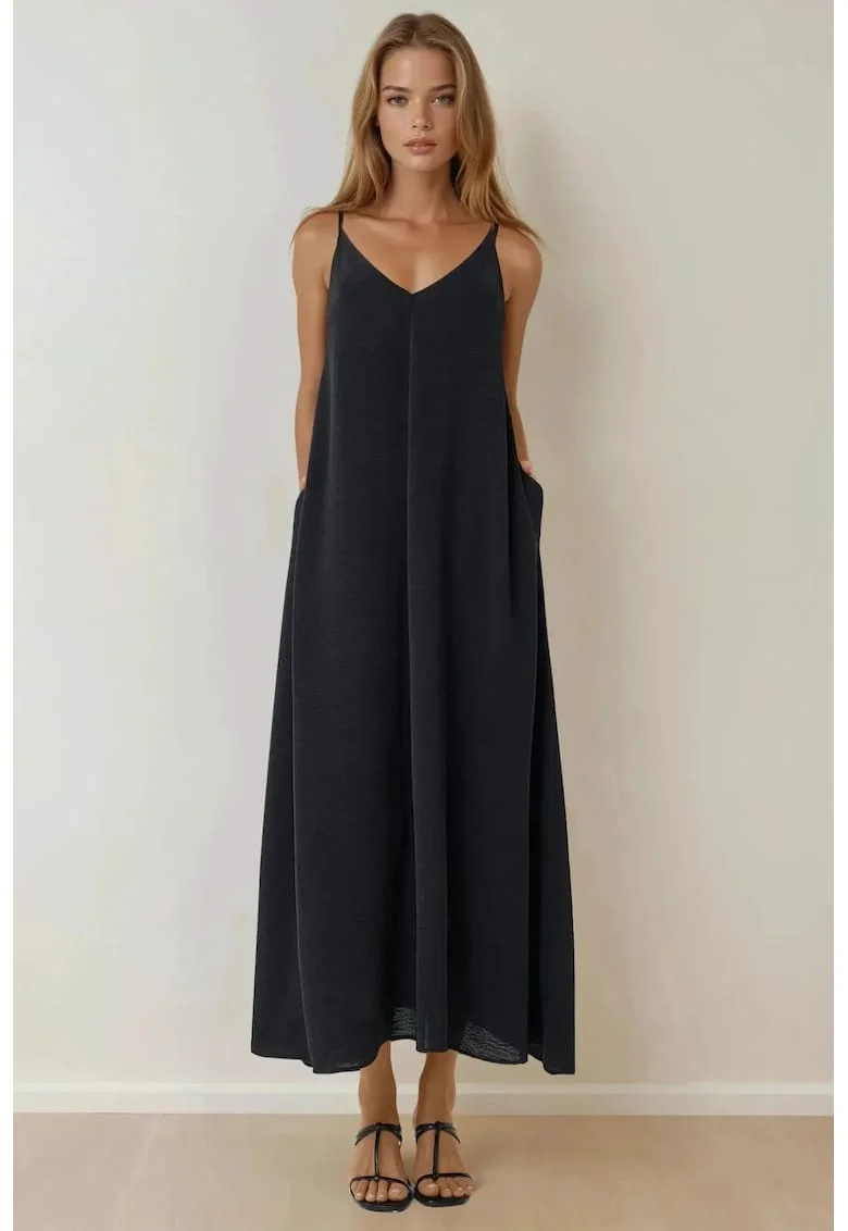 Rochie maxi,  A-line, negru, textil