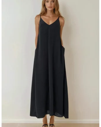 Rochie maxi,  A-line, negru, textil