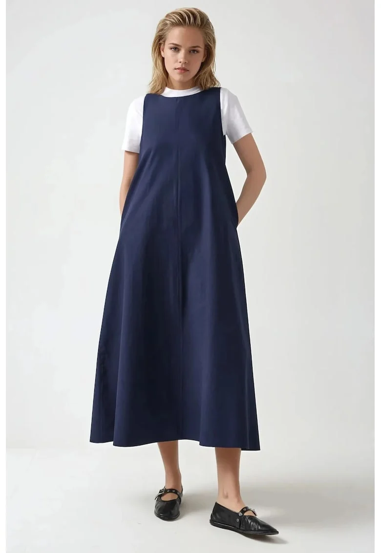 Rochie maxi,  in forma de A, fara maneci, guler rotund, albastra, textil