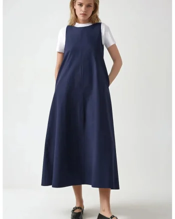 Rochie maxi,  in forma de A, fara maneci, guler rotund, albastra, textil