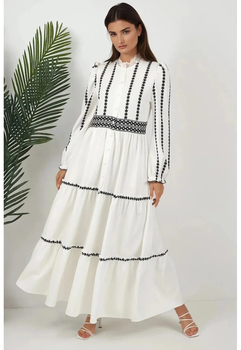 Rochie maxi,  imprimeu floral, alb, material gros