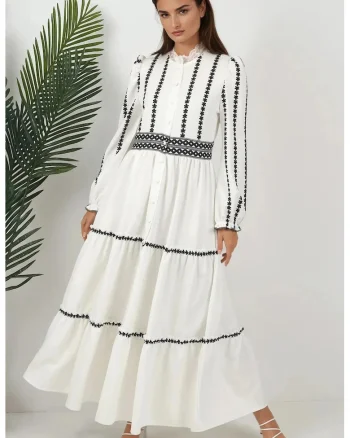 Rochie maxi,  imprimeu floral, alb, material gros