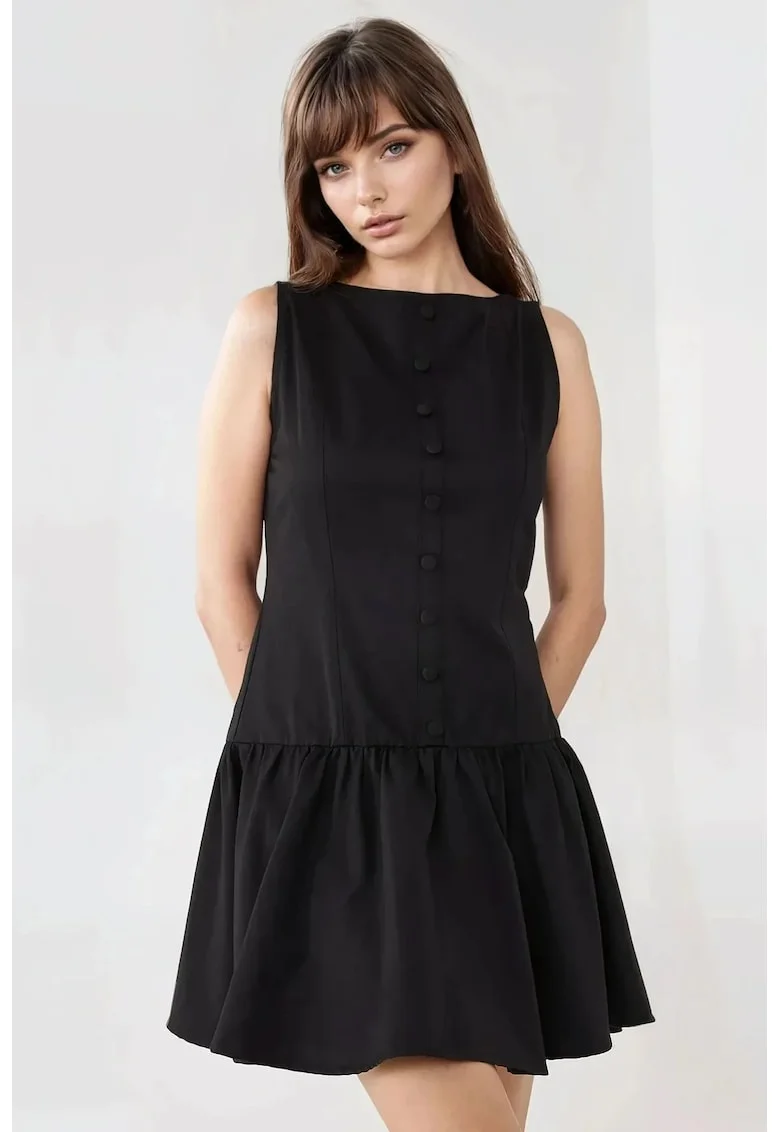 Rochie mini  fara maneci, in A, cu nasturi, negru, textil