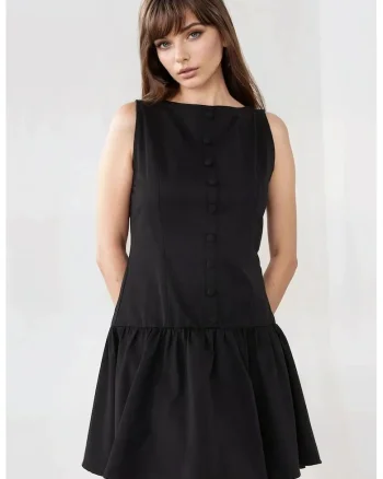 Rochie mini  fara maneci, in A, cu nasturi, negru, textil