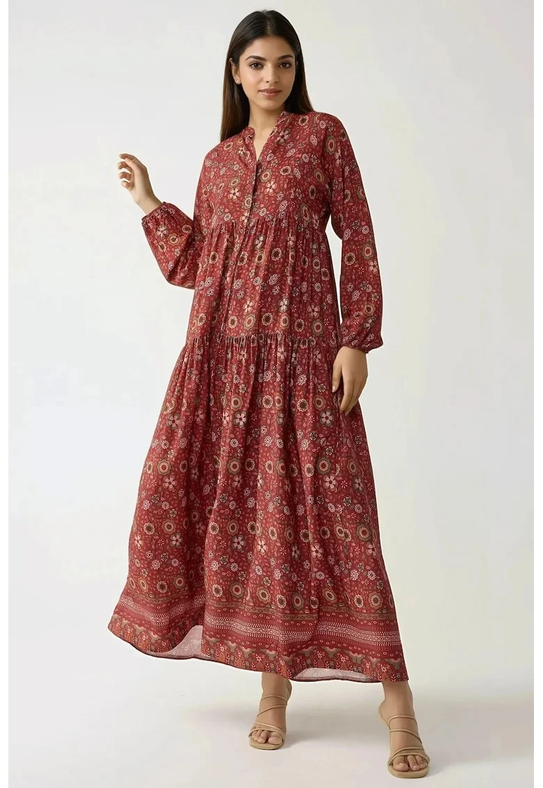 Rochie maxi,  imprimeu, decolteu in V, rosu, textil