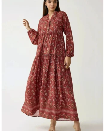 Rochie maxi,  imprimeu, decolteu in V, rosu, textil
